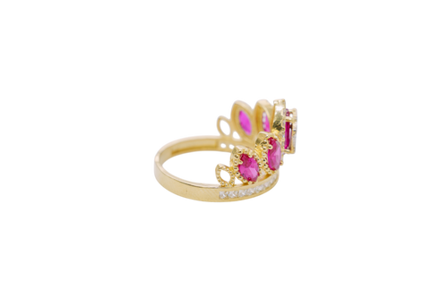14KT Gold Ring Women's "15" Quinceanera Crown Dark Pink CZ Stones with White Square CZ Stones Band Plain Shank