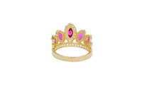 14KT Gold Ring Women's "15" Quinceanera Crown Dark Pink CZ Stones with White Square CZ Stones Band Plain Shank