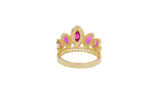 14KT Gold Ring Women's "15" Quinceanera Crown Dark Pink CZ Stones with White Square CZ Stones Band Plain Shank
