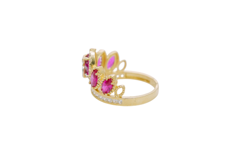 14KT Gold Ring Women's "15" Quinceanera Crown Dark Pink CZ Stones with White Square CZ Stones Band Plain Shank