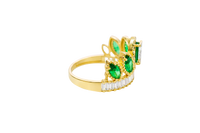 14KT Gold Ring Women's "15" Quinceanera Crown Dark Green CZ Stones with White Baguette CZ Stones Band Plain Shank