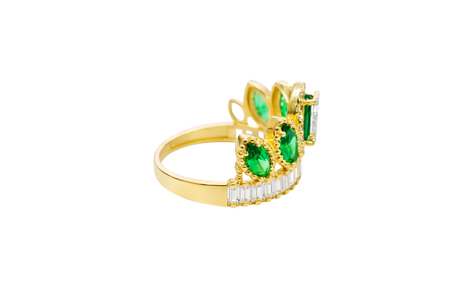14KT Gold Ring Women's "15" Quinceanera Crown Dark Green CZ Stones with White Baguette CZ Stones Band Plain Shank