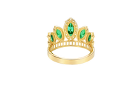14KT Gold Ring Women's "15" Quinceanera Crown Dark Green CZ Stones with White Baguette CZ Stones Band Plain Shank