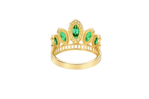 14KT Gold Ring Women's "15" Quinceanera Crown Dark Green CZ Stones with White Baguette CZ Stones Band Plain Shank