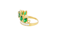 14KT Gold Ring Women's "15" Quinceanera Crown Dark Green CZ Stones with White Baguette CZ Stones Band Plain Shank