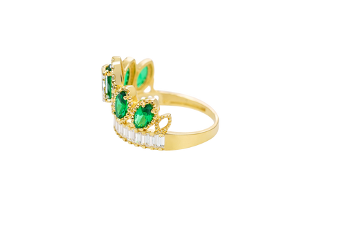 14KT Gold Ring Women's "15" Quinceanera Crown Dark Green CZ Stones with White Baguette CZ Stones Band Plain Shank