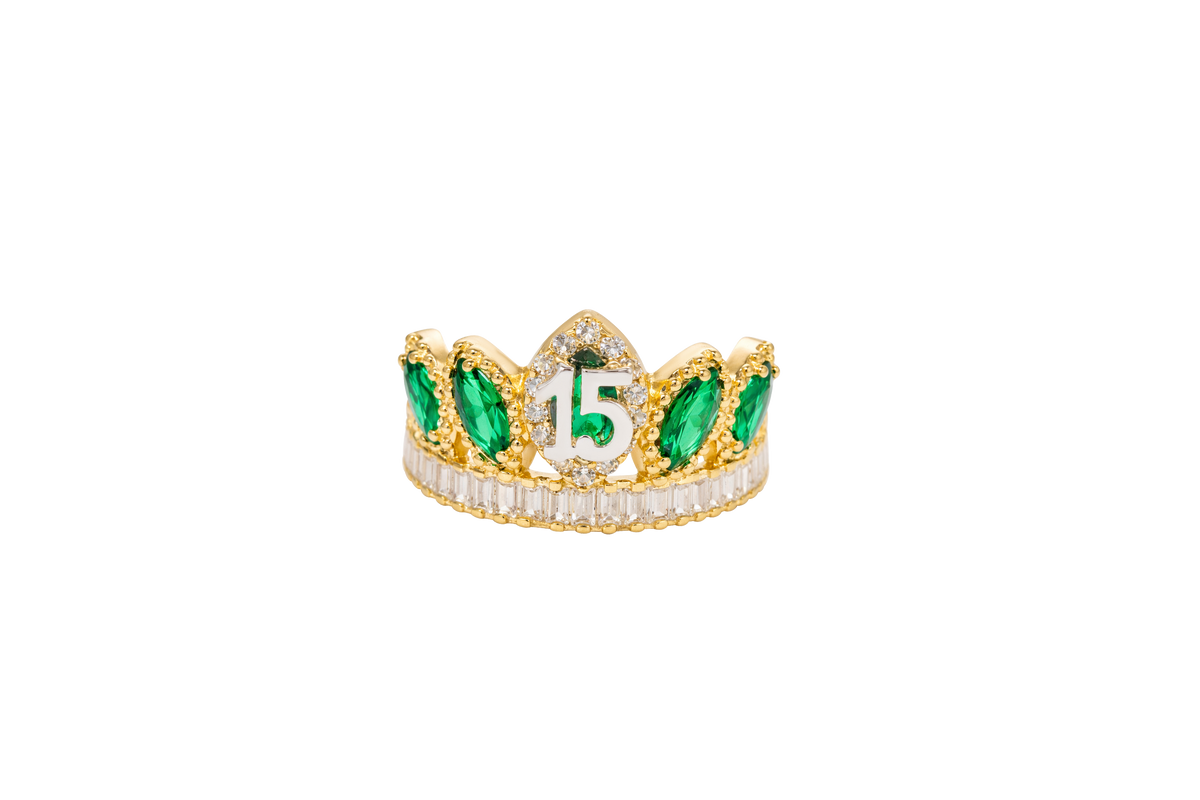 14KT Gold Ring Women's "15" Quinceanera Crown Dark Green CZ Stones with White Baguette CZ Stones Band Plain Shank