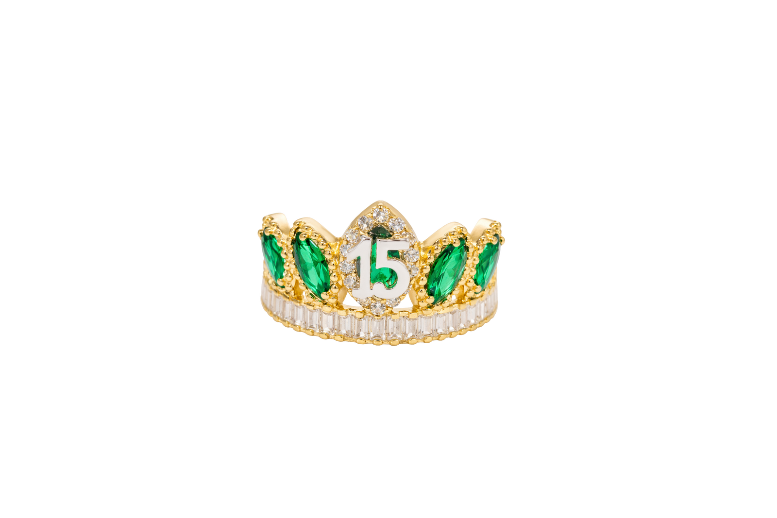 14KT Gold Ring Women's "15" Quinceanera Crown Dark Green CZ Stones with White Baguette CZ Stones Band Plain Shank