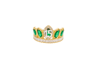 14KT Gold Ring Women's "15" Quinceanera Crown Dark Green CZ Stones with White Baguette CZ Stones Band Plain Shank