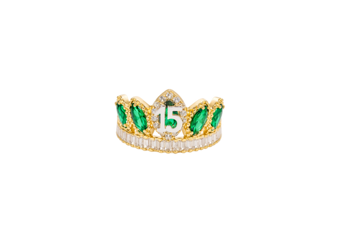 14KT Gold Ring Women's "15" Quinceanera Crown Dark Green CZ Stones with White Baguette CZ Stones Band Plain Shank
