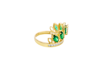 14KT Gold Ring Women's "15" Quinceanera Crown Dark Green CZ Stones with White Square CZ Stones Band Plain Shank