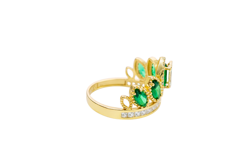 14KT Gold Ring Women's "15" Quinceanera Crown Dark Green CZ Stones with White Square CZ Stones Band Plain Shank