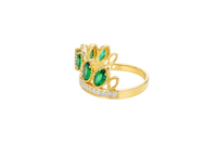 14KT Gold Ring Women's "15" Quinceanera Crown Dark Green CZ Stones with White Square CZ Stones Band Plain Shank