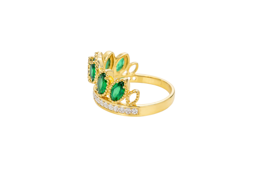 14KT Gold Ring Women's "15" Quinceanera Crown Dark Green CZ Stones with White Square CZ Stones Band Plain Shank