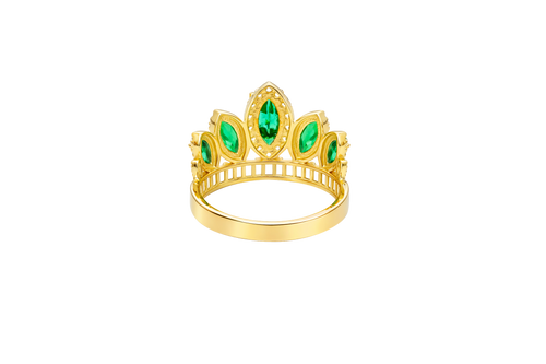 14KT Gold Ring Women's "15" Quinceanera Crown Dark Green CZ Stones with White Square CZ Stones Band Plain Shank