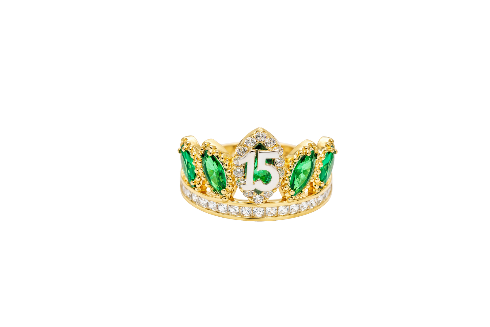 14KT Gold Ring Women's "15" Quinceanera Crown Dark Green CZ Stones with White Square CZ Stones Band Plain Shank