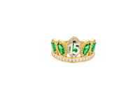 14KT Gold Ring Women's "15" Quinceanera Crown Dark Green CZ Stones with White Square CZ Stones Band Plain Shank