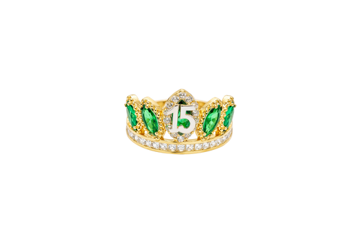 14KT Gold Ring Women's "15" Quinceanera Crown Dark Green CZ Stones with White Square CZ Stones Band Plain Shank