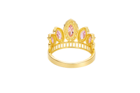 14KT Gold Ring Women's "15" Quinceanera Crown Dark Pink CZ Stones with White Baguette CZ Stones Band Plain Shank