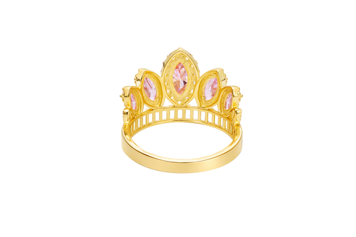 14KT Gold Ring Women's "15" Quinceanera Crown Dark Pink CZ Stones with White Baguette CZ Stones Band Plain Shank