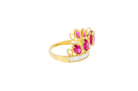 14KT Gold Ring Women's "15" Quinceanera Crown Dark Pink CZ Stones with White Baguette CZ Stones Band Plain Shank