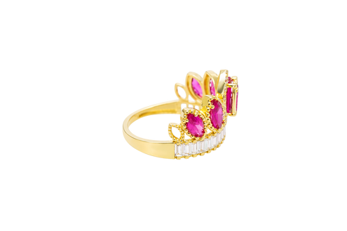 14KT Gold Ring Women's "15" Quinceanera Crown Dark Pink CZ Stones with White Baguette CZ Stones Band Plain Shank
