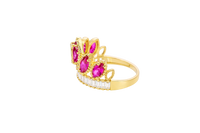 14KT Gold Ring Women's "15" Quinceanera Crown Dark Pink CZ Stones with White Baguette CZ Stones Band Plain Shank