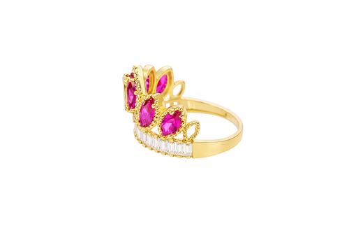 14KT Gold Ring Women's "15" Quinceanera Crown Dark Pink CZ Stones with White Baguette CZ Stones Band Plain Shank