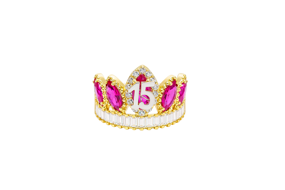 14KT Gold Ring Women's "15" Quinceanera Crown Dark Pink CZ Stones with White Baguette CZ Stones Band Plain Shank