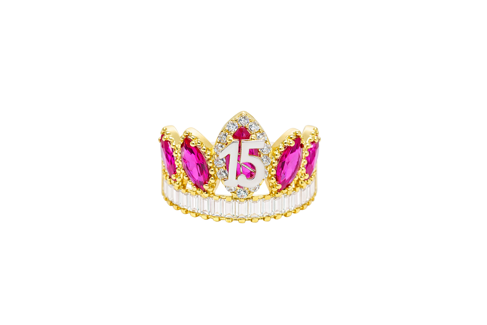 14KT Gold Ring Women's "15" Quinceanera Crown Dark Pink CZ Stones with White Baguette CZ Stones Band Plain Shank