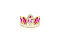 14KT Gold Ring Women's "15" Quinceanera Crown Dark Pink CZ Stones with White Baguette CZ Stones Band Plain Shank