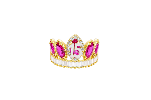 14KT Gold Ring Women's "15" Quinceanera Crown Dark Pink CZ Stones with White Baguette CZ Stones Band Plain Shank