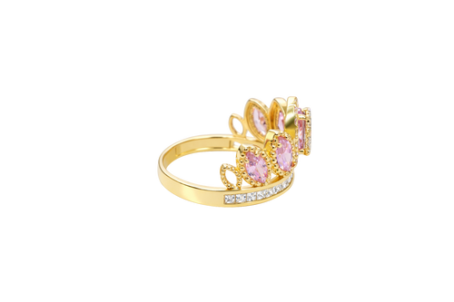 14KT Gold Ring Women's "15" Quinceanera Crown Light Pink CZ Stones with White Square CZ Stones Band Plain Shank