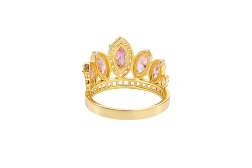 14KT Gold Ring Women's "15" Quinceanera Crown Light Pink CZ Stones with White Square CZ Stones Band Plain Shank