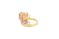 14KT Gold Ring Women's "15" Quinceanera Crown Light Pink CZ Stones with White Square CZ Stones Band Plain Shank