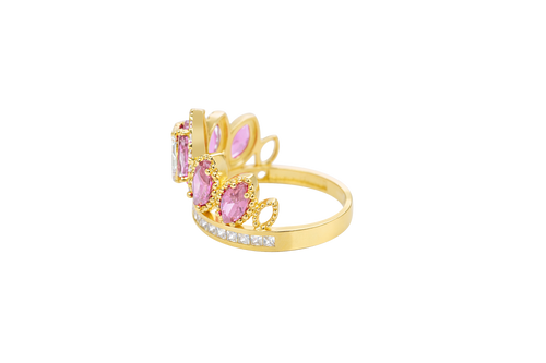 14KT Gold Ring Women's "15" Quinceanera Crown Light Pink CZ Stones with White Square CZ Stones Band Plain Shank