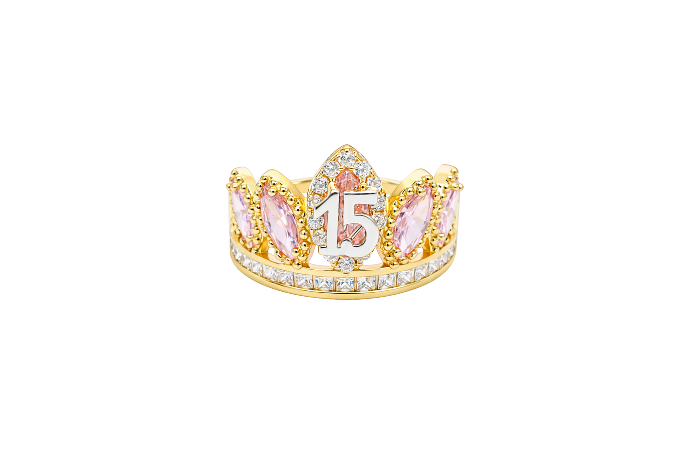 14KT Gold Ring Women's "15" Quinceanera Crown Light Pink CZ Stones with White Square CZ Stones Band Plain Shank