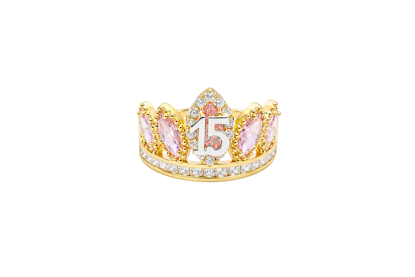 14KT Gold Ring Women's "15" Quinceanera Crown Light Pink CZ Stones with White Square CZ Stones Band Plain Shank