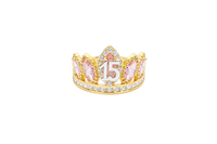 14KT Gold Ring Women's "15" Quinceanera Crown Light Pink CZ Stones with White Square CZ Stones Band Plain Shank