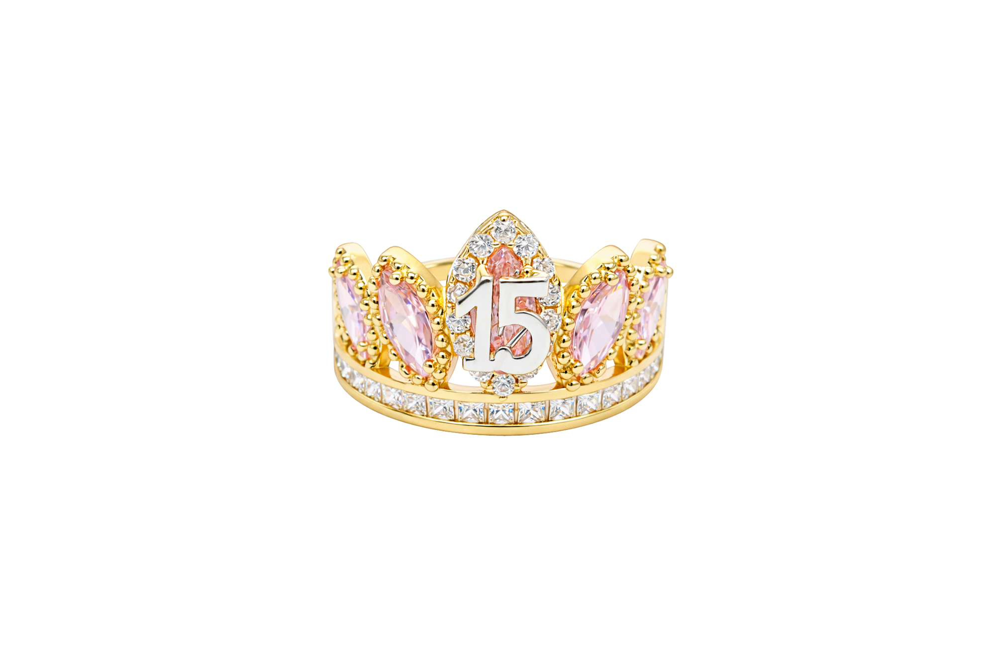 14KT Gold Ring Women's "15" Quinceanera Crown Light Pink CZ Stones with White Square CZ Stones Band Plain Shank