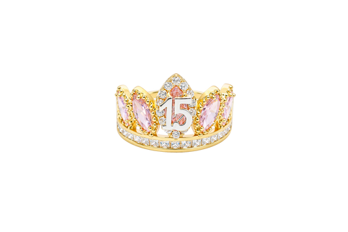 14KT Gold Ring Women's "15" Quinceanera Crown Light Pink CZ Stones with White Square CZ Stones Band Plain Shank
