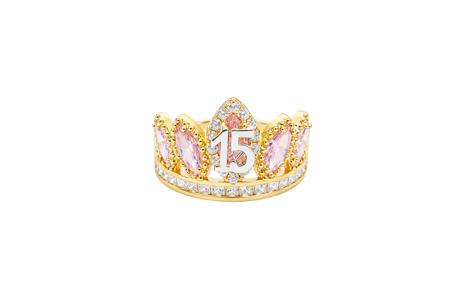 14KT Gold Ring Women's "15" Quinceanera Crown Light Pink CZ Stones with White Square CZ Stones Band Plain Shank