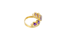 14KT Gold Ring Women's "15" Quinceanera Crown Purple CZ Stones with White Square CZ Stones Band Plain Shank