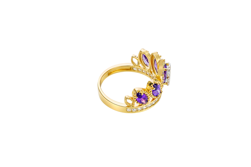 14KT Gold Ring Women's "15" Quinceanera Crown Purple CZ Stones with White Square CZ Stones Band Plain Shank