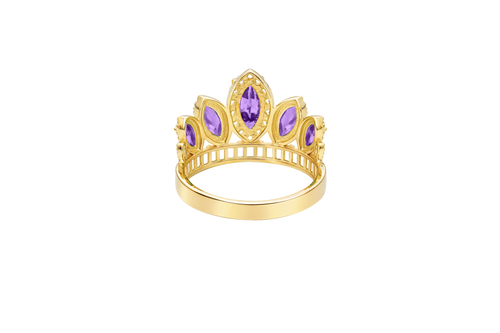 14KT Gold Ring Women's "15" Quinceanera Crown Purple CZ Stones with White Square CZ Stones Band Plain Shank