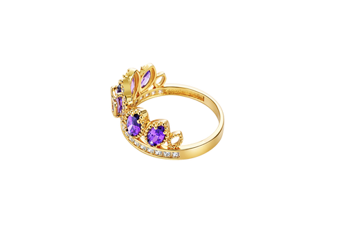 14KT Gold Ring Women's "15" Quinceanera Crown Purple CZ Stones with White Square CZ Stones Band Plain Shank
