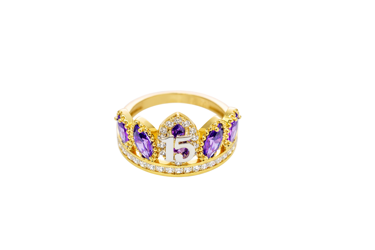 14KT Gold Ring Women's "15" Quinceanera Crown Purple CZ Stones with White Square CZ Stones Band Plain Shank