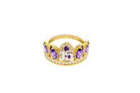 14KT Gold Ring Women's "15" Quinceanera Crown Purple CZ Stones with White Square CZ Stones Band Plain Shank