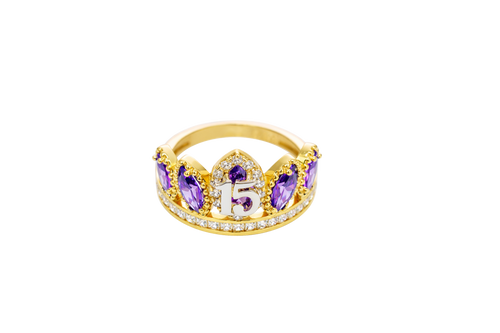 14KT Gold Ring Women's "15" Quinceanera Crown Purple CZ Stones with White Square CZ Stones Band Plain Shank