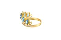 14KT Gold Ring Women's "15" Quinceanera Crown Turquoise CZ Stones with White Square CZ Stones Band Plain Shank